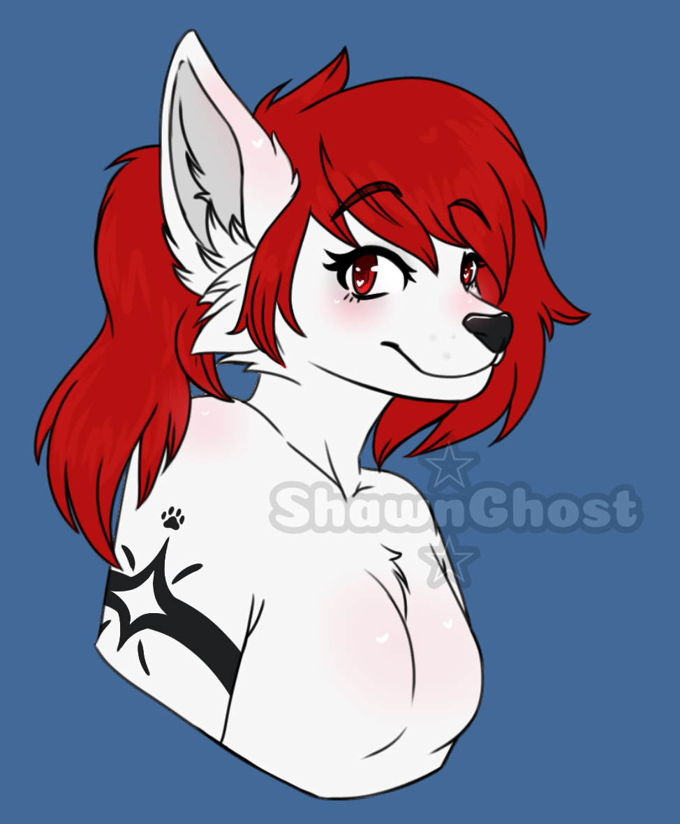 anthro arm_tattoo black_tattoo canid canine canis cheek_tuft chest_tuft digital_drawing_(artwork) digital_media_(artwork) ear_tuft facial_tuft female fur hair inner_ear_fluff looking_at_viewer mammal ponytail red_eyes red_hair shawnghost simple_background smile solo tattoo tuft white_body white_fur wolf