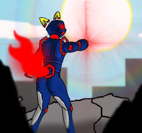 android angry anthro blue_body blue_sky city cityscape debris drcustom e621 error_six esix felid female fire flaming_tail gesture low_res machine mammal mascot pointing pupils rear_view red_neck red_sclera red_tail red_teeth robot sky solo sun yellow_ears yellow_pupils