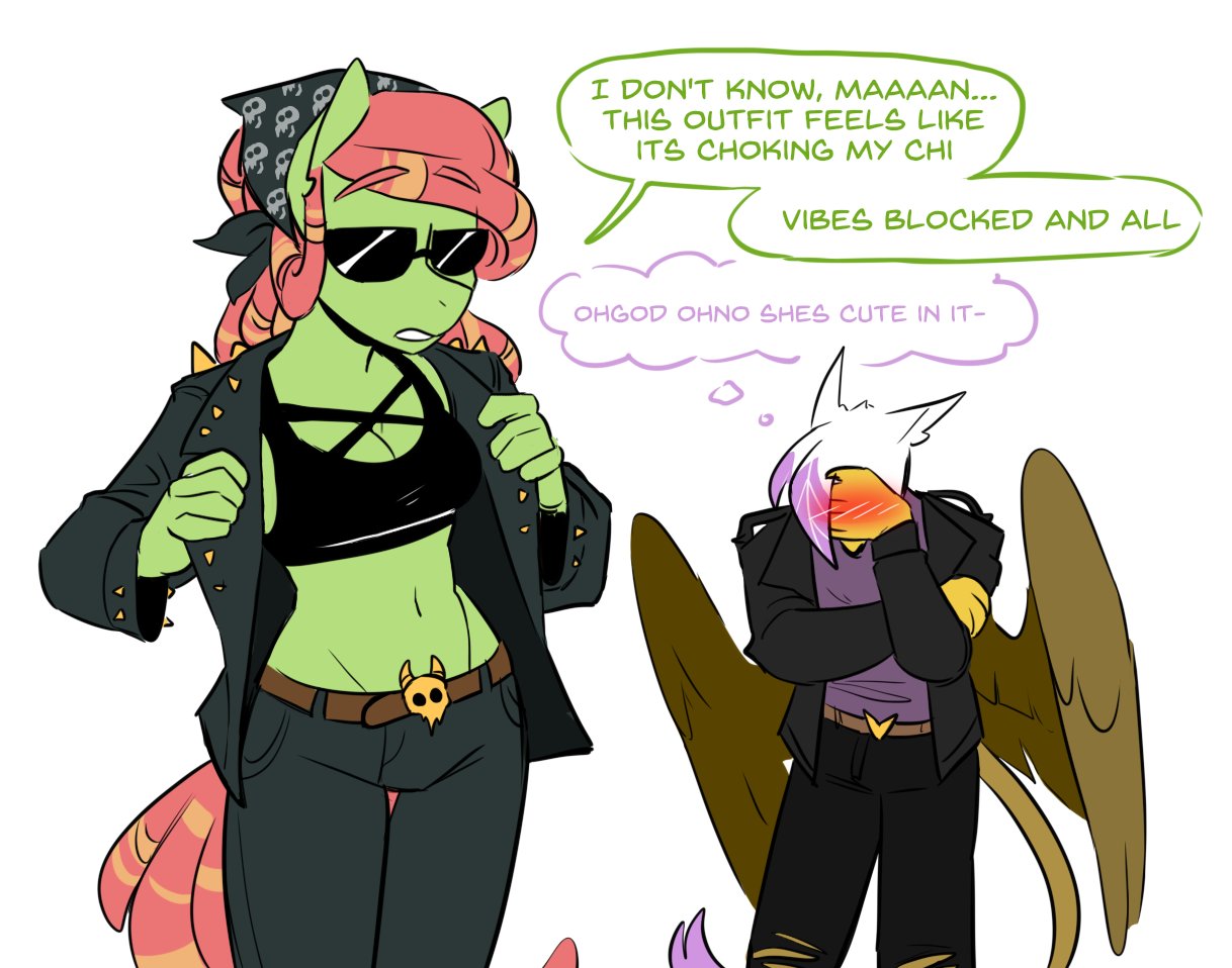 anthro anthrofied avian blush clothing dialogue do-rag durag english_text eyewear female friendship_is_magic gilda_(mlp) gryphon hasbro jacket leather leather_clothing leather_jacket leather_topwear my_little_pony mythological_avian mythology redxbacon sunglasses text thought_bubble topwear tree_hugger_(mlp)