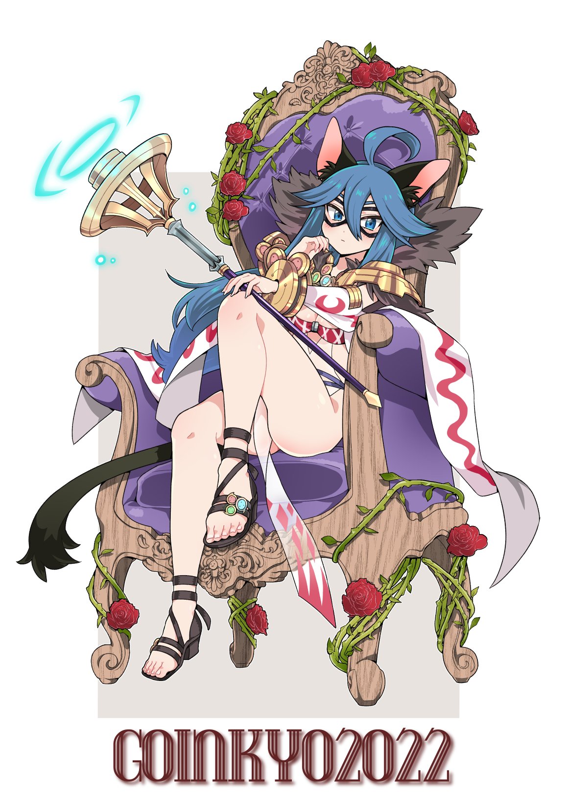 1girl 2022 animal_ears argyle argyle_dress bangle black_footwear blue_eyes blue_hair blush bracelet breasts cat_ears character_name cleavage closed_mouth commentary_request commission detached_sleeves dress expressionless eye_mask flower full_body fur_collar goinkyo hair_between_eyes highres holding holding_staff jewelry liricolilium long_hair looking_at_viewer medium_breasts pelvic_curtain ragnarok_online red_flower rose sandals see-through see-through_dress simple_background skeb_commission solo sorcerer_(ragnarok_online) staff thrown white_background white_sleeves