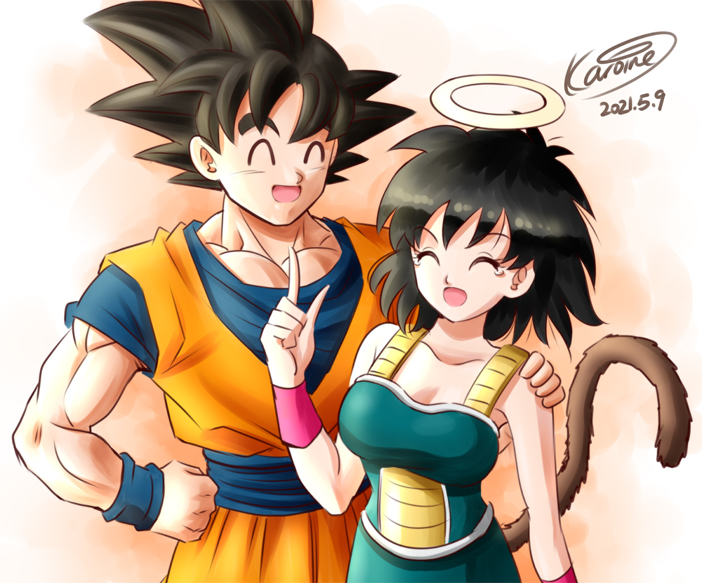 1boy 1girl armband bare_shoulders black_hair breasts closed_eyes commentary dated dougi dragon_ball gine halo hands_on_hips karoine medium_breasts mother's_day muscular muscular_male open_mouth saiyan_armor signature son_goku spiked_hair tail tears