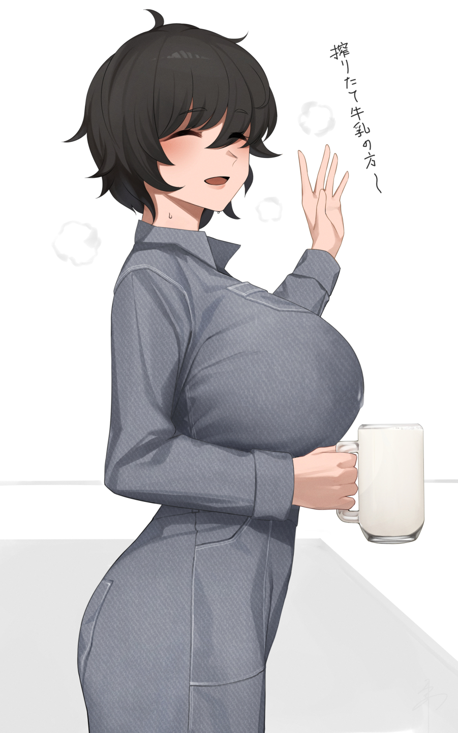 1girl black_hair breasts closed_eyes collared_dress cup dress eyes_visible_through_hair facing_viewer grey_dress hair_between_eyes hand_up highres holding holding_cup large_breasts long_sleeves milk open_mouth original paid_reward_available pajamas senju_(snz0) short_hair solo standing translation_request