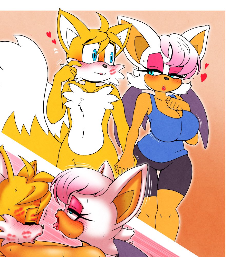 &lt;3 aged_up anthro big_breasts blush breasts canid canine chiropteran cleavage clothed clothing duo eyes_closed female fox hand_holding kiss_mark looking_pleasured male male/female mammal michiyoshi miles_prower rouge_the_bat sega sonic_the_hedgehog_(series) wings