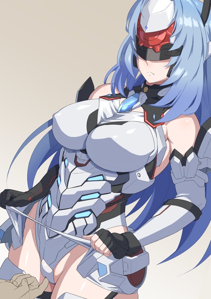 1girl android bare_shoulders blue_hair breasts elbow_gloves forehead_protector gloves kos-mos kos-mos_re: large_breasts leotard long_hair looking_at_viewer mikoyan simple_background solo standing thighhighs very_long_hair white_leotard xenoblade_chronicles_(series) xenoblade_chronicles_2 xenosaga