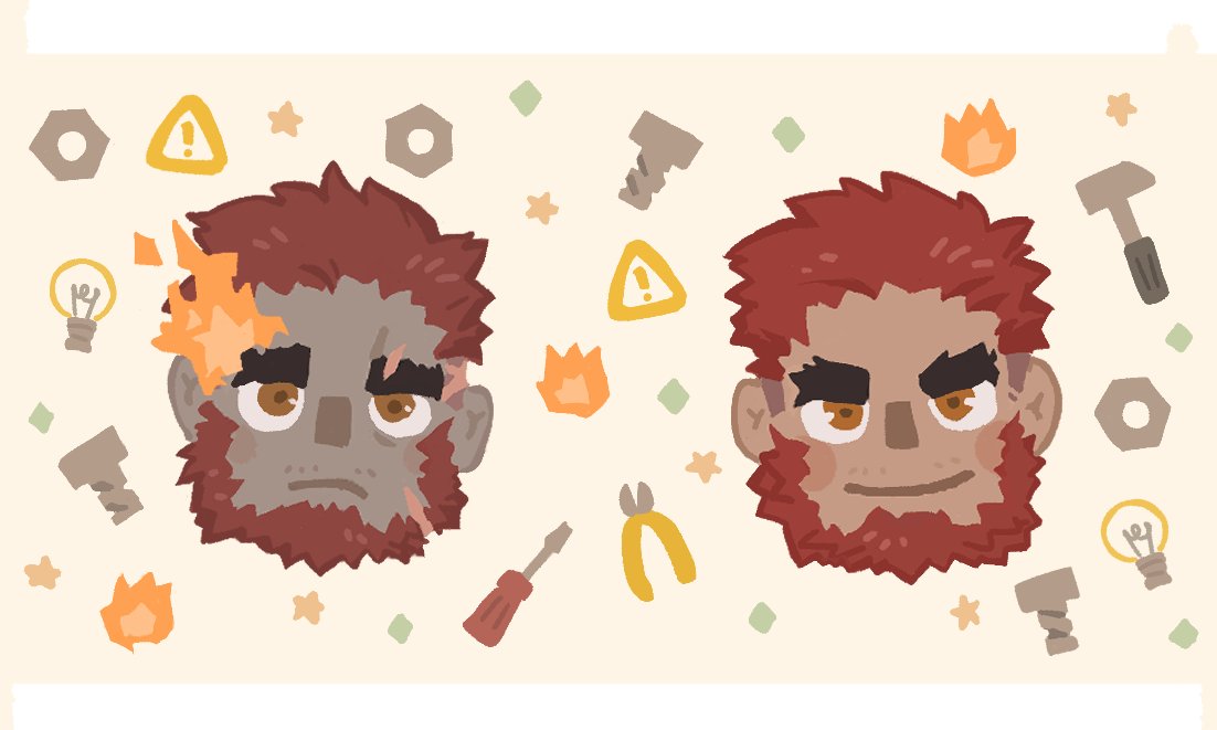 2boys bara beard blush_stickers bolt brown_eyes commentary_request dark-skinned_male dark_skin eyebrow_cut facial_hair fire flaming_eye head_only hephaestus_(housamo) korean_commentary letterboxed male_focus mature_male multiple_boys nut_(hardware) orange_background red_hair scar scar_on_face screwdriver short_hair sign smile syukapong talos_(housamo) thick_eyebrows tokyo_afterschool_summoners warning_sign wire_cutters