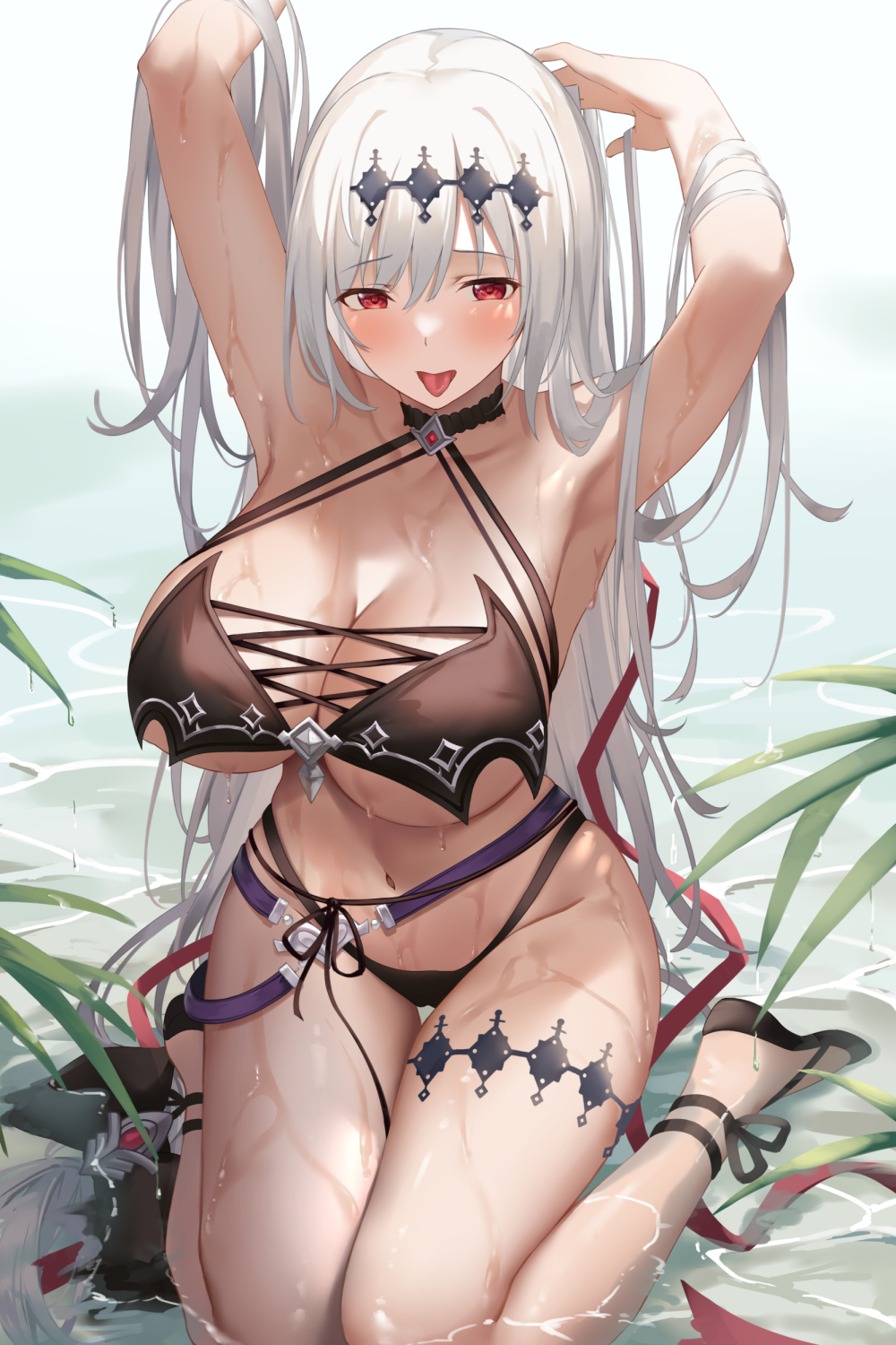 1girl :p armpits arms_up bangs bikini black_bikini black_footwear blush breasts cleavage dark_jeanne derivative_work granblue_fantasy grey_hair highres jeanne_d'arc_(granblue_fantasy) jeanne_d'arc_(summer)_(granblue_fantasy) kneeling large_breasts long_hair looking_at_viewer navel parted_lips partially_submerged red_eyes solo suzuame_yatsumi swimsuit thigh_strap thighs tongue tongue_out water wet