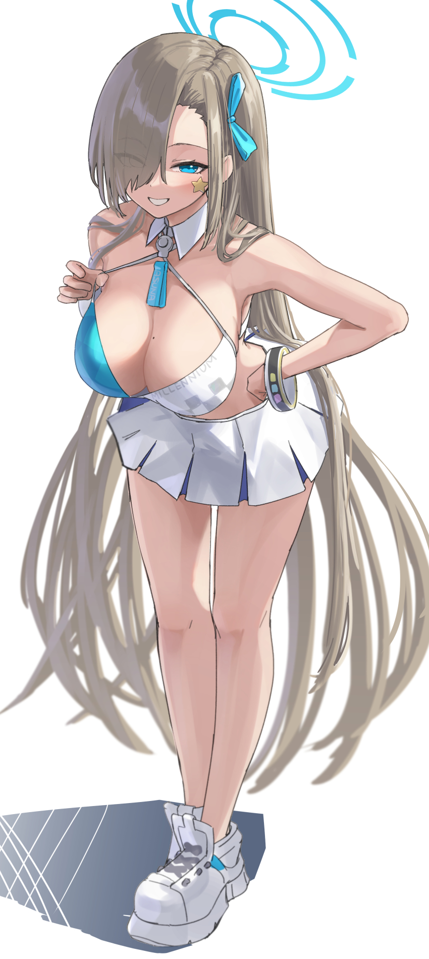 1girl asuna_(blue_archive) blue_archive blue_eyes blue_ribbon breasts cheerleader cleavage eyes_visible_through_hair grin hair_over_one_eye hair_ribbon halo hand_on_hip highres large_breasts leaning_forward light_brown_hair long_hair looking_at_viewer mole mole_on_breast namaonpa pleated_skirt ribbon skirt smile solo star_(symbol) sticker_on_face very_long_hair white_skirt