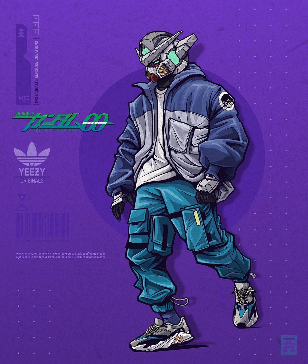 adidas artist_name blue_jacket blue_pants clothed_robot copyright_name english_commentary green_eyes grey_jacket gundam gundam_00 gundam_exia highres instagram_username jacket kensuke_creations logo mecha mobile_suit multicolored_clothes multicolored_jacket no_humans open_hand pants purple_background robot shirt shoes sneakers solo sweatpants two-tone_jacket v-fin walking white_shirt yeezy_(brand)