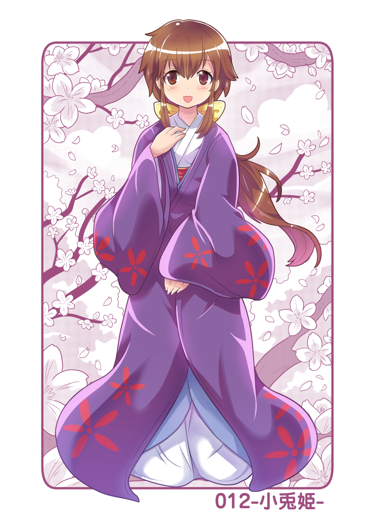 1girl bow brown_eyes brown_hair cherry_blossoms cherry_tree colonel_aki commentary_request floral_print full_body hair_between_eyes hair_bow japanese_clothes kimono kotohime_(touhou) long_hair long_sleeves looking_at_viewer open_mouth petals sidelocks smile solo standing touhou translation_request wide_sleeves