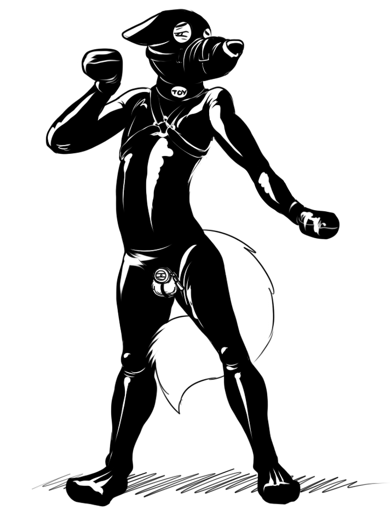 2012 anthro biped black_collar black_nose black_rubber_suit canid canine chastity_cage chastity_device clothing collar fox male mammal muzzle_(object) muzzled neoneon rubber rubber_clothing rubber_suit simple_background solo standing submissive submissive_anthro submissive_male white_background