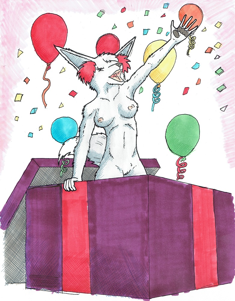 anthro ballons box breasts canid canine confetti container excited female fennec fennekin fox fur generation_6_pokemon grey_body grey_fur happy jumping laura_the_shiny_fennekin mammal nintendo nipples nude nyghtmar3 pinup pokemon pokemon_(species) pokemorph pose shiny_fennekin shiny_pokemon solo tail video_games