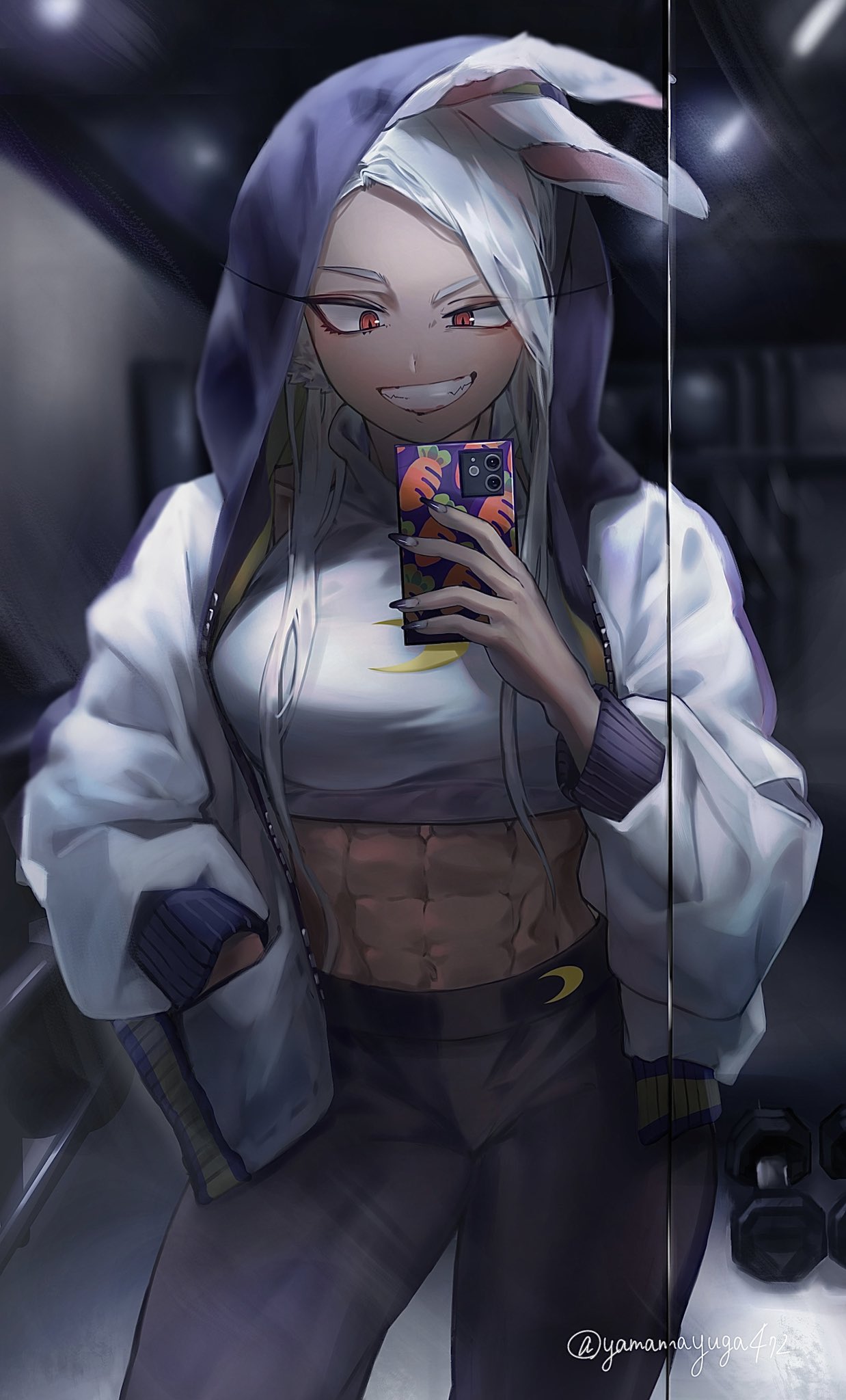 1girl :d abs animal_ears bangs black_nails black_pants boku_no_hero_academia breasts carrot_print contrapposto crescent_print dark-skinned_female dark_skin dumbbell food_print gym hair_over_shoulder hand_in_pocket highres holding holding_phone hood hood_up hoodie large_breasts long_eyelashes long_hair looking_at_phone midriff mirko mirror muscular muscular_female nail_polish navel pants parted_bangs phone rabbit_ears rabbit_girl red_eyes reflection selfie smile solo teeth turtleneck_crop_top twitter_username two-tone_hoodie white_hair white_hoodie yamamayuga472 yoga_pants