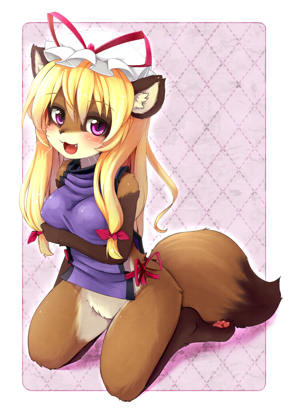 animal_ears barefoot blonde blonde_hair bottomless breasts ear_tuft fang feet female full_body furrified furry hat inviting ka_(pixiv341010) kagerofu kneeling looking_at_viewer pawpads paws purple_eyes smile soles solo tail toes touhou whiskers yakumo_yukari