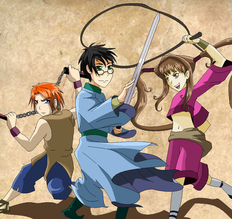 chinese_clothes crossover glasses harry_james_potter harry_potter kung_fu nunchucks ron_weasley shaolin_wuzang sword weapon whip