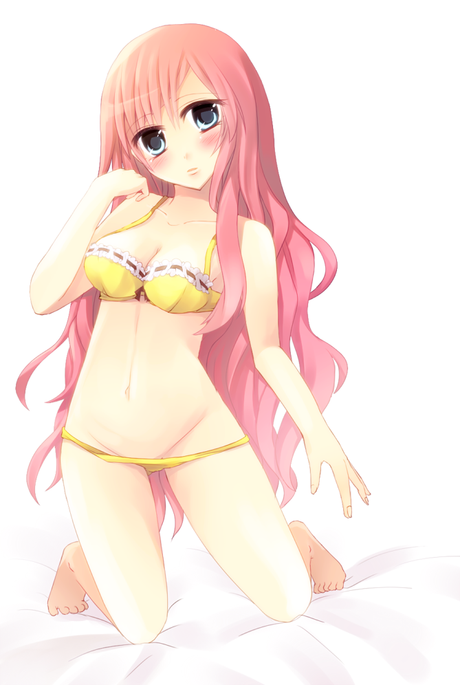 amamine bad_id bad_pixiv_id blue_eyes blush bra lingerie long_hair megurine_luka navel panties pink_hair solo stomach underwear underwear_only vocaloid