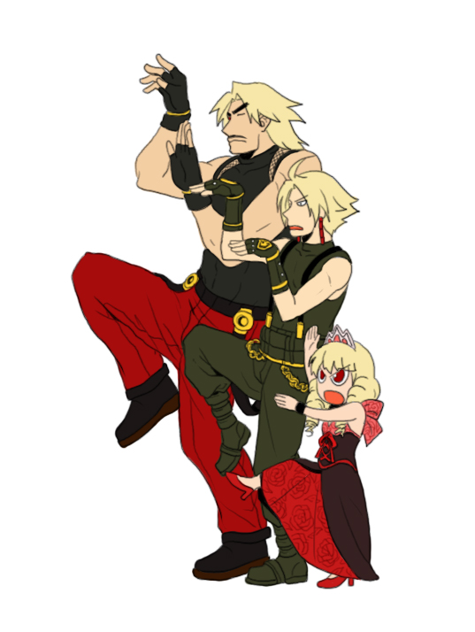 1girl 2boys adelheid_bernstein blonde_hair brother_and_sister evilgun family father_and_daughter father_and_son king_of_fighters kof multiple_boys parody rose_bernstein rugal_bernstein siblings simple_background snk style_parody white_background yotsubato!
