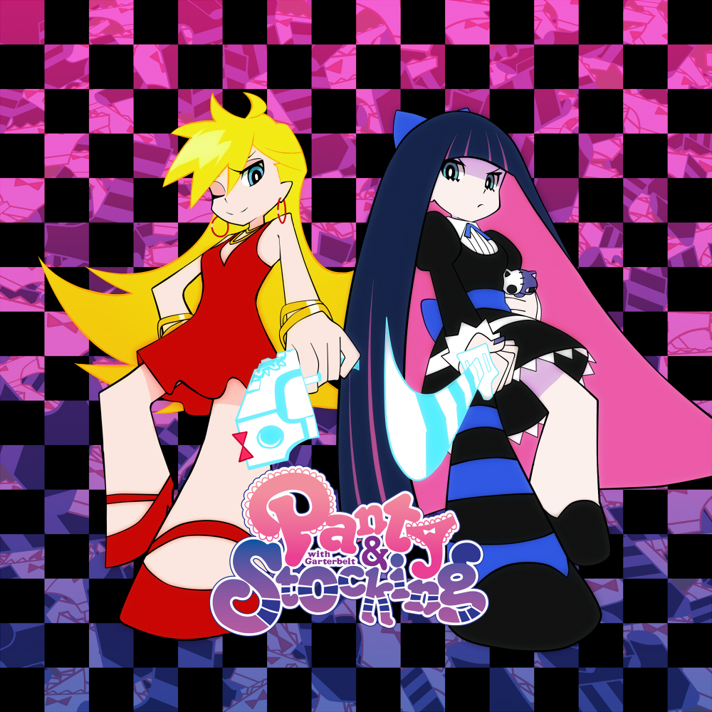 bare_shoulders black_hair blonde_hair blue_eyes bracelet checkered checkered_background dress earrings from_below gun izumi_sai jewelry looking_down multiple_girls one_eye_closed panty_&amp;_stocking_with_garterbelt panty_(psg) red_dress short_dress smile stocking_(psg) striped striped_legwear sword thighhighs weapon