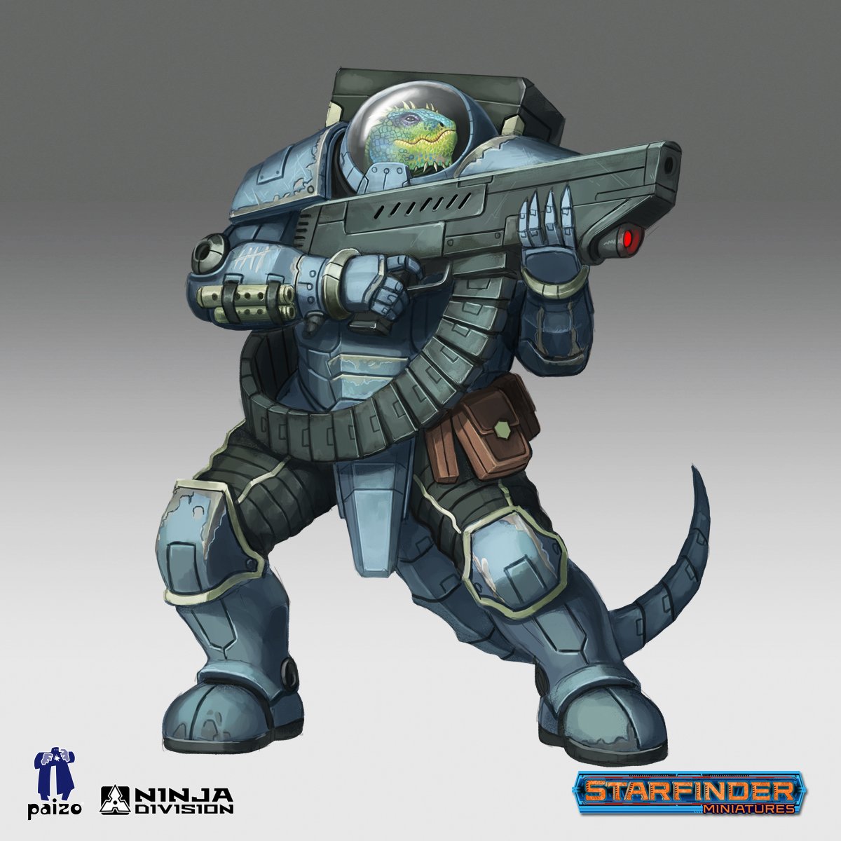 alien ambiguous_gender ammo_belt anthro armor backpack boots clothed clothing footwear gloves gun holding_object holding_weapon humanoid official_art paizo pauldron ranged_weapon reptile scalie simple_background solo spikes standing starfinder_(rpg) unknown_artist vesk weapon white_background