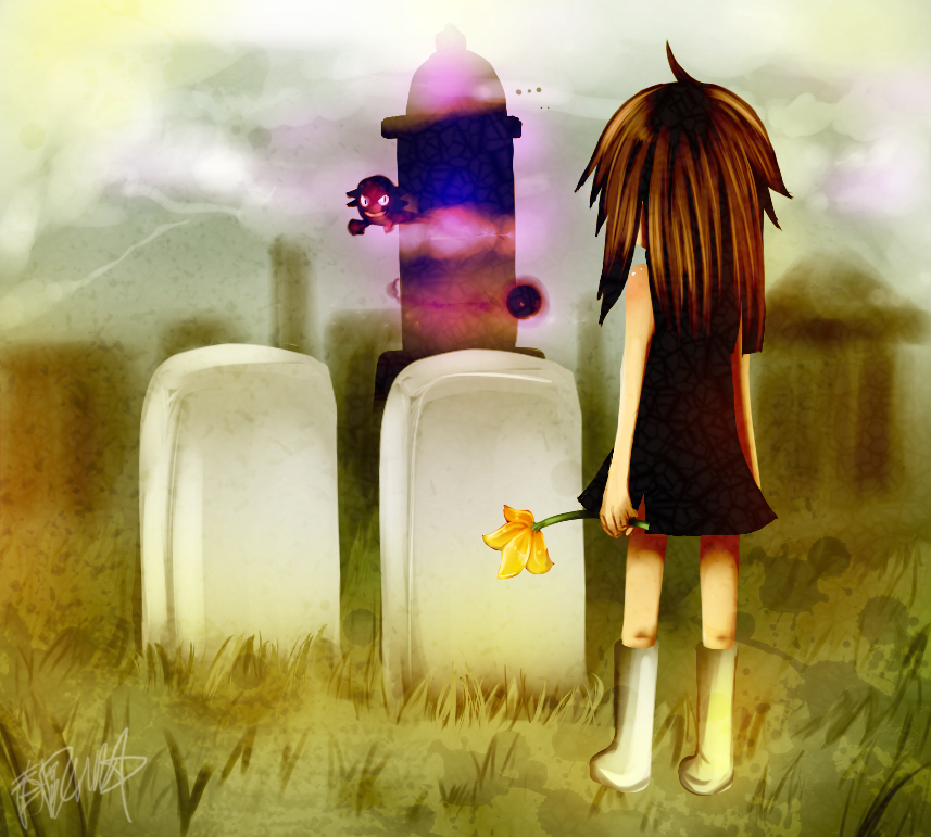 blue_(pokemon) boots brown_hair creepypasta dress flower gastly gravestones haunter leaf_(pokemon) pokemon