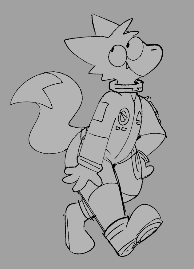 anthro astronaut canid canine cute_fangs fox looking_back male mammal monochrome simple_background smile solo spacesuit squishy_(artist) tobi_(squishy) walking