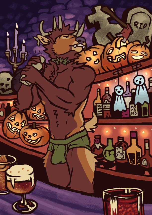 abs alcohol animated anthro antlers axe bar bartender beverage biceps bone bottle bottomwear bow_tie brown_body brown_fur bulge candle cervid cervine chest_tuft clothed clothing container digital_media_(artwork) elbow_tuft elk fangs fluffy food fruit fur glass hair halloween holidays horn jack-o'-lantern looking_up male mammal melee_weapon mo_(momamo) momamo muscular muscular_anthro muscular_male neck_tuft partial_nudity pecs plant public pumpkin shaking short_playtime skull smile solo solo_focus tail_motion tailwag tombstone tuft underwear weapon