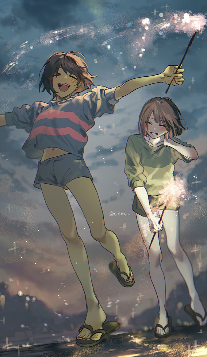 2others black_footwear blue_shorts blue_sweater blush brown_hair brown_shorts chara_(undertale) cloud colored_skin eere evening fireworks frisk_(undertale) full_body green_sweater grin hand_on_own_neck holding_fireworks multiple_others open_mouth other_focus outdoors pale_skin sandals short_hair shorts sky sleeves_rolled_up smile sparkler summer sweater undertale yellow_skin