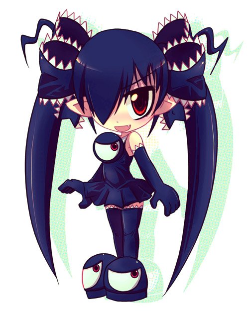 1girl backbeard beako black_dress black_footwear black_gloves black_hair black_ribbon black_thighhighs blush commentary dress elbow_gloves fang female_child full_body gegege_no_kitarou gloves hair_over_one_eye hair_ribbon long_hair looking_at_viewer open_mouth original pointy_ears red_eyes ribbon simple_background sleeveless sleeveless_dress smile solo standing thighhighs torotei twintails white_background