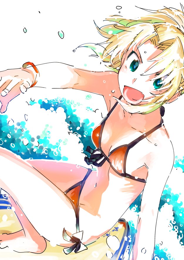 1girl bikini blonde_hair blue_eyes fate/apocrypha fate/grand_order fate_(series) looking_at_viewer mordred_(fate) mordred_(fate/apocrypha) open_mouth ponytail red_bikini solo surfing swimsuit tsuru_(clainman) type-moon white_background