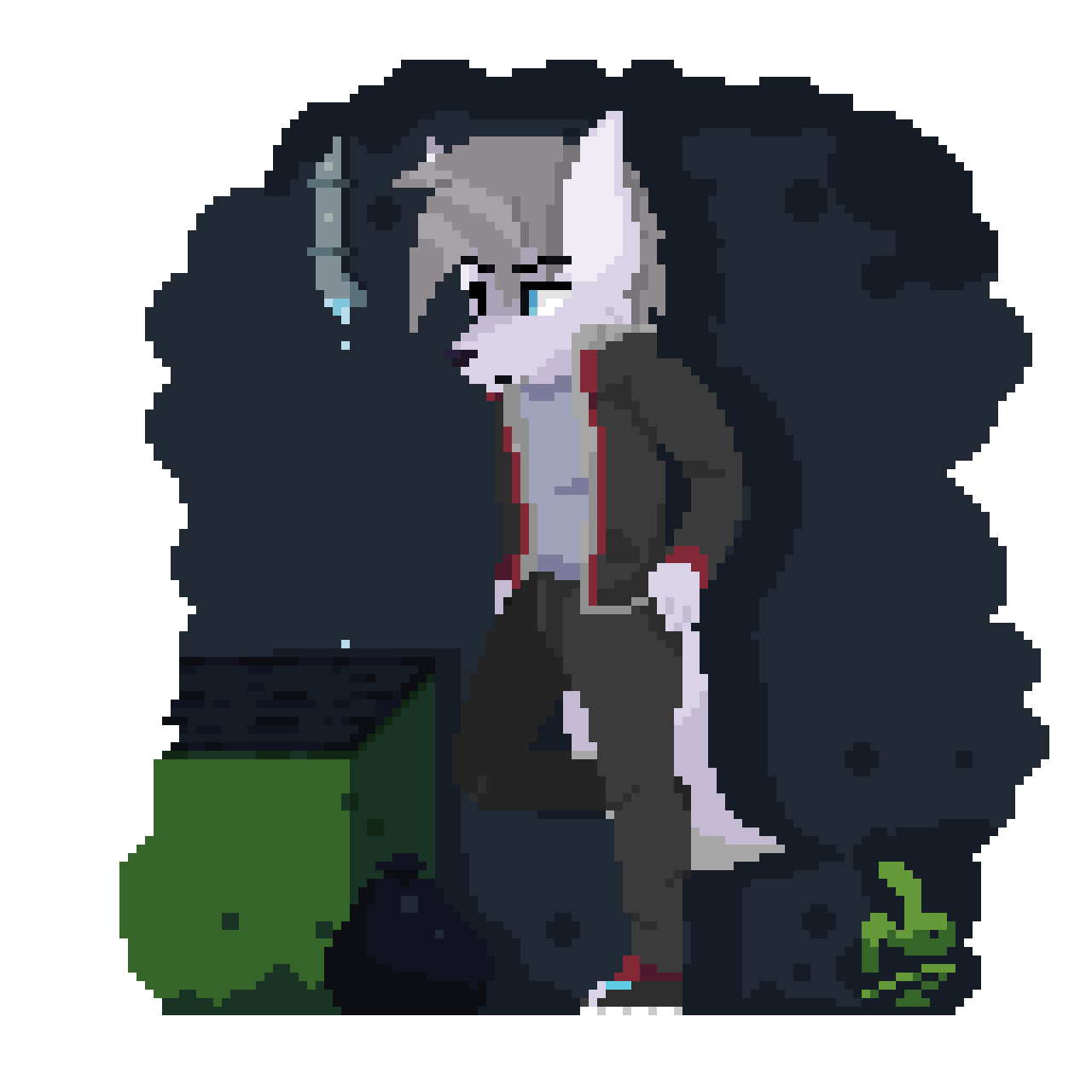 against_surface against_wall angry_eyes anthro backalley blue_eyes canid canine canis clothing detailed_background digital_media_(artwork) dumpster fur grey_body grey_fur hand_in_pocket hi_res jacket male mammal pixel_(artwork) pockets rookiecookie topwear wolf