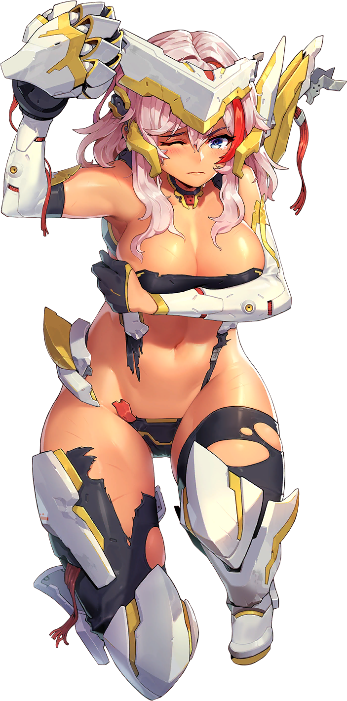 1girl armor armored_boots armored_gloves armpits bare_shoulders battle_damage bikini_armor black_bra black_gloves black_thighhighs blue_eyes blush boots bra breasts broken broken_armor broken_wires cleavage covering covering_breasts defeat detached_collar elbow_gloves full_body game_cg gloves half_gloves high_heel_boots high_heels highres injury knee_boots knee_guards lancer_mina large_breasts last_origin linea_alba looking_at_viewer mar10 mechanical_wings multicolored_hair navel official_alternate_costume official_art one_eye_closed one_knee pink_hair red_hair skindentation slingshot_swimsuit solo streaked_hair swimsuit tachi-e tan tears thigh_boots thighhighs torn_bra torn_clothes torn_legwear torn_thighhighs transparent_background two-tone_hair underwear white_armor wings wire