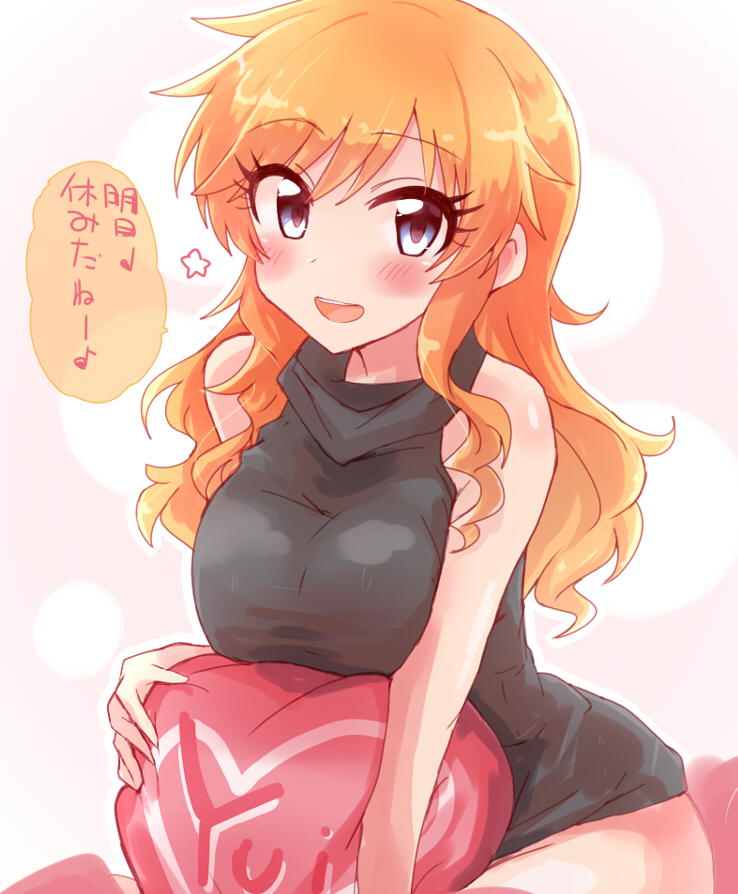 1girl bangs bare_arms bare_shoulders black_sweater blonde_hair blue_eyes blush breast_rest breasts dress hair_between_eyes hair_down heart heart_pillow idolmaster idolmaster_cinderella_girls long_hair looking_at_viewer medium_breasts ohtsuki_yui open_mouth pillow sidelocks sitting sleeveless sleeveless_sweater smile speech_bubble star_(symbol) sweater sweater_dress swept_bangs tong_(freedom2000) translation_request turtleneck wavy_hair yes-no_pillow
