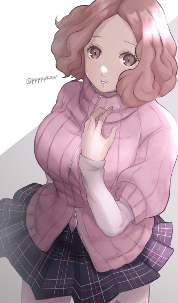 1girl brown_eyes brown_hair commentary_request layered_sleeves long_sleeves okumura_haru pantyhose persona persona_5 pink_sweater plaid plaid_skirt pleated_skirt pppppknw ribbed_sweater short_hair short_over_long_sleeves short_sleeves shuujin_academy_uniform skirt solo sweater twitter_username white_pantyhose