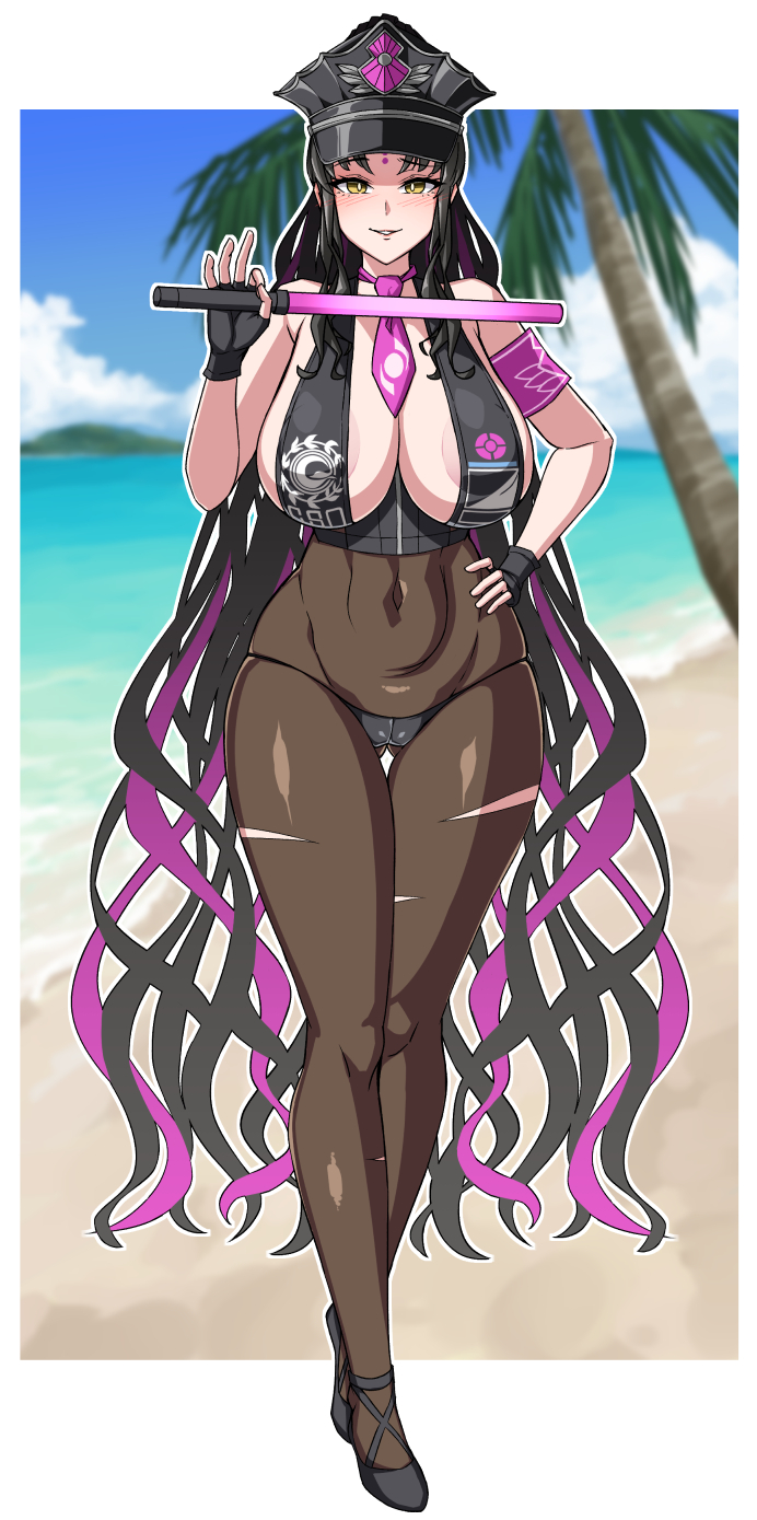 1girl areola_slip bangs bare_shoulders beach bikini black_bikini black_gloves black_hair black_headwear black_pantyhose blush breasts cleavage covered_navel covered_nipples facial_mark fate/grand_order fate_(series) fingerless_gloves forehead_mark full_body gloves halterneck hat high_heels highres large_breasts long_hair looking_at_viewer multicolored_hair muta_poo necktie pantyhose parted_bangs pink_hair police_hat ponytail sesshouin_kiara sesshouin_kiara_(swimsuit_mooncancer) sesshouin_kiara_(swimsuit_mooncancer)_(second_ascension) shore smile streaked_hair swimsuit traffic_baton very_long_hair yellow_eyes