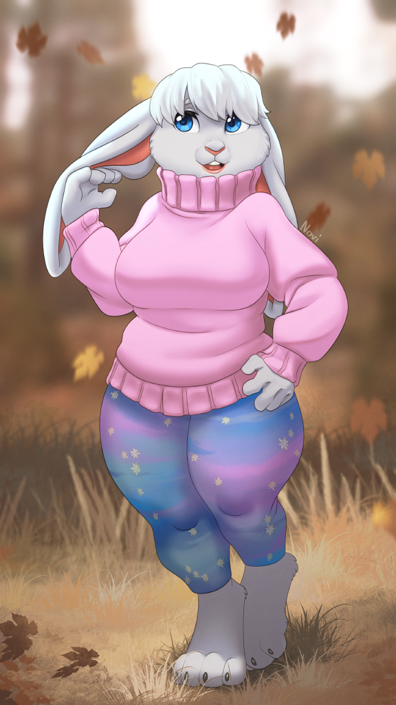 2022 4_toes 5_fingers anthro autumn autumn_leaves barefoot big_breasts blue_clothing blue_eyes blue_legwear breasts buckteeth claws clothed clothing curvy_figure digital_media_(artwork) feet female fern_(tasanko) fingers fully_clothed fur grass hand_on_hip lagomorph leggings legwear leporid long_ears mammal nature nature_background open_mouth open_smile pink_clothing pink_sweater pink_topwear plant rabbit signature slightly_chubby smile solo sweater tasanko teeth thick_thighs toes topwear turtleneck white_body white_fur wide_hips