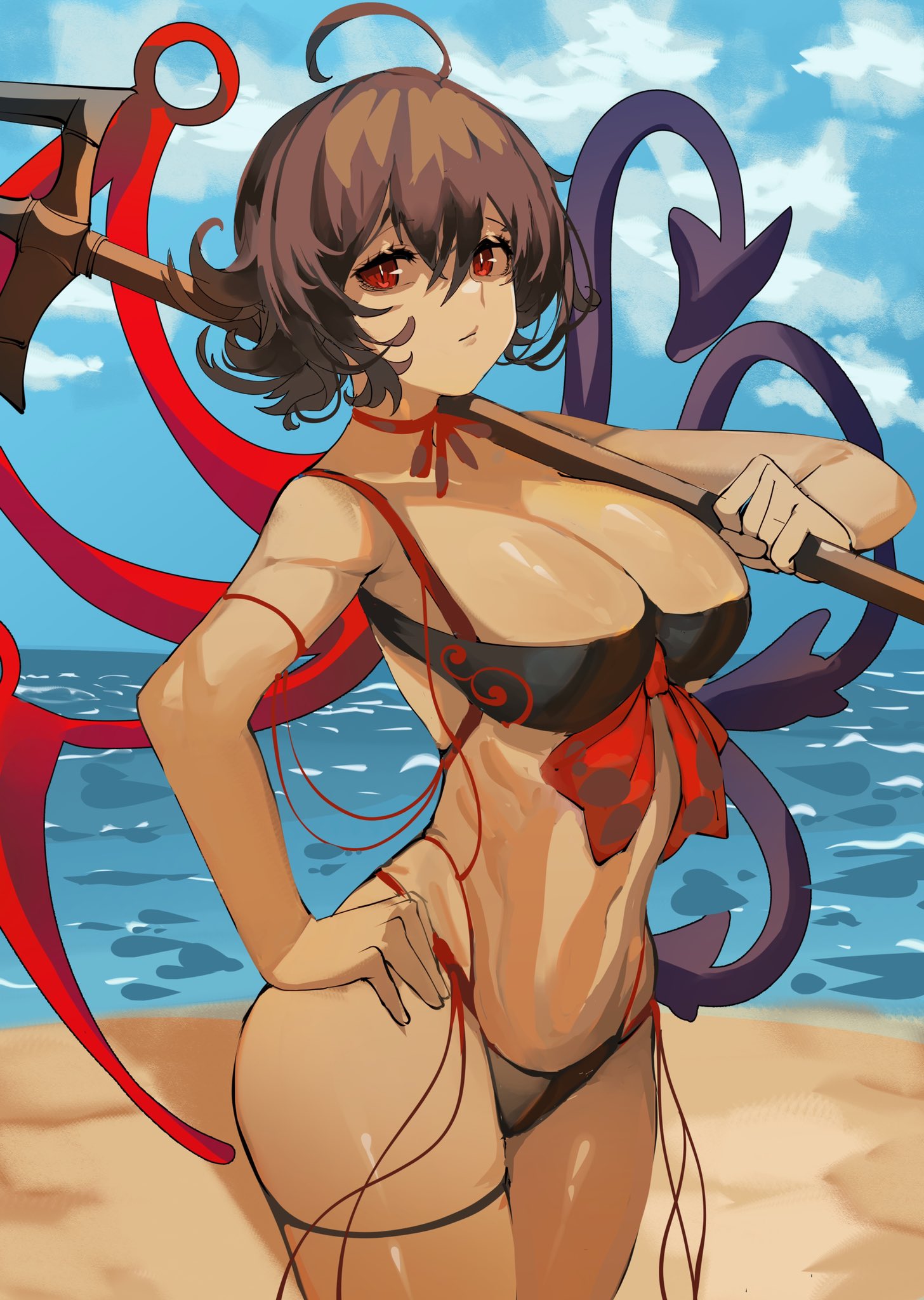 1girl ahoge alternate_breast_size asymmetrical_wings beach bikini black_bikini black_hair breasts hand_on_hip highres houjuu_nue large_breasts looking_at_viewer polearm red_eyes ribbon short_hair solo swimsuit thick_thighs thighs tomatolover16 touhou weapon wings