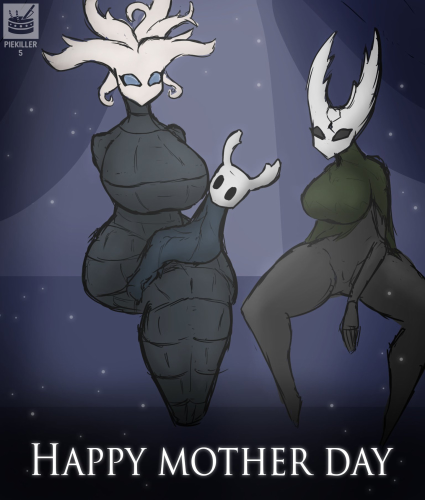 anthro arthropod big_breasts black_body black_eyes black_sclera black_skin blue_eyes blue_sclera breasts crossgender daughter empty_eyes english_text eyelashes female genitals holidays hollow_knight hollow_knight_(character) huge_breasts incest_(lore) male mother mother's_day mother_and_child mother_and_daughter mother_and_son parent parent_and_child piekiller protagonist_(hollow_knight) pussy size_difference smaller_male son team_cherry text thick_thighs vessel_(species) video_games white_lady_(hollow_knight) wide_hips