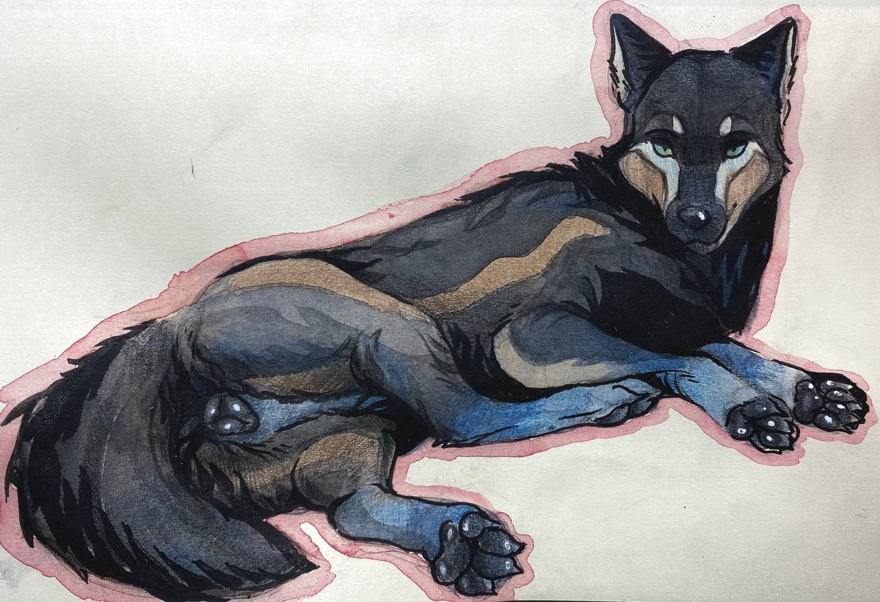 anatomically_correct anatomically_correct_genitalia animal_genitalia animal_pussy canid canine canine_pussy canis female feral fur genitals green_eyes hiona lying mammal painting_(artwork) pussy seductive solo syn-6 traditional_media_(artwork) watercolor_(artwork) wolf