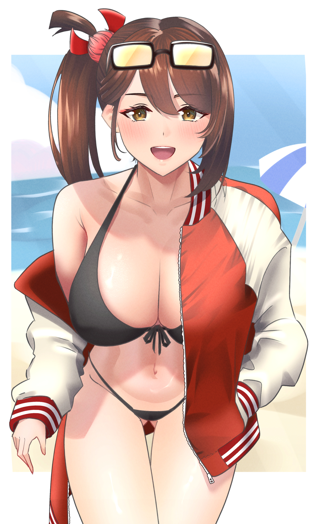 1girl :d alternate_costume azur_lane beach bikini bikini_under_clothes black_bikini breasts brown_hair cowboy_shot eyewear_on_head front-tie_bikini_top front-tie_top hair_ornament highres jacket juuichiban kanzashi large_breasts long_hair looking_at_viewer open_clothes open_jacket smile sukajan swimsuit zuikaku_(azur_lane)