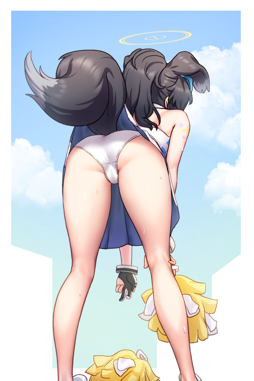 1girl animal_ears ass bare_shoulders bent_over black_hair blue_archive cameltoe cheerleader dog_ears dog_girl dog_tail from_behind gloves greenteamousou halo hibiki_(blue_archive) hibiki_(cheerleader)_(blue_archive) highres long_hair outdoors panties partially_fingerless_gloves pom_pom_(cheerleading) skirt solo sweat tail tail_raised underwear white_panties