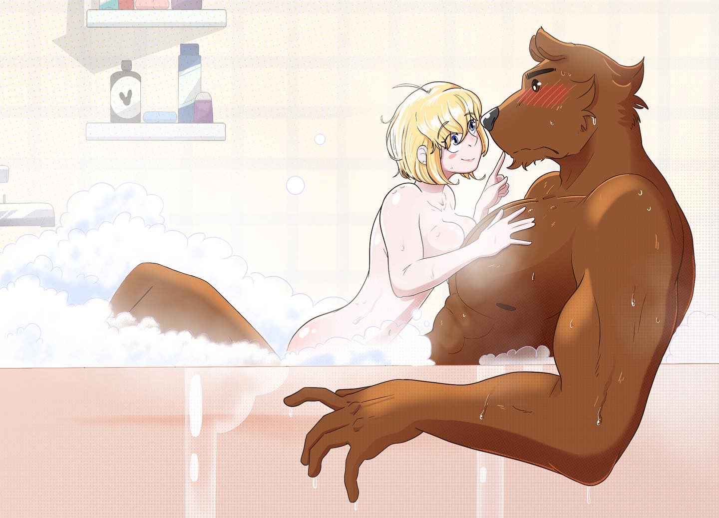 abs adam's_apple anthro bath bathing bathtub blue_eyes blush bodily_fluids breasts brown_body brown_fur duo eye_contact female fur human human_on_anthro human_on_anthro_romance humanoid_hands interspecies looking_at_another male male/female mammal muscular muscular_anthro muscular_male musicsliders nipples nude shampoo smile soap soap_bubbles sweat triceps ursid ursine water