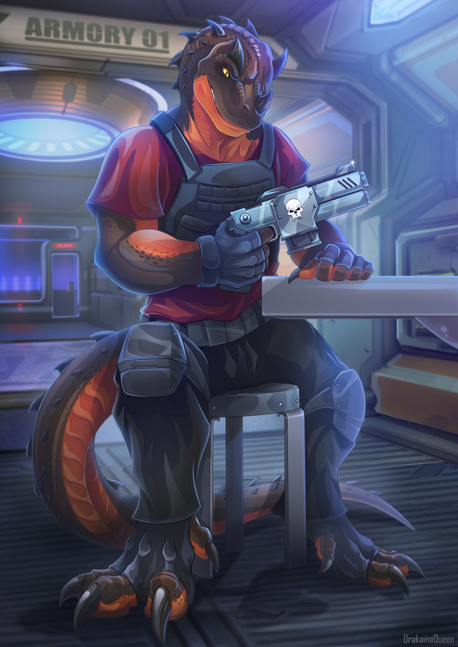 anthro armor armory ceratosaurid ceratosaurus clothed clothing dinosaur drakainaqueen fingerless_gloves futuristic futuristic_gun gloves grim_(grimsaurus) gun handgun handwear hi_res looking_angry male pistol ranged_weapon reptile scalie sign sitting solo spacecraft text theropod vehicle weapon