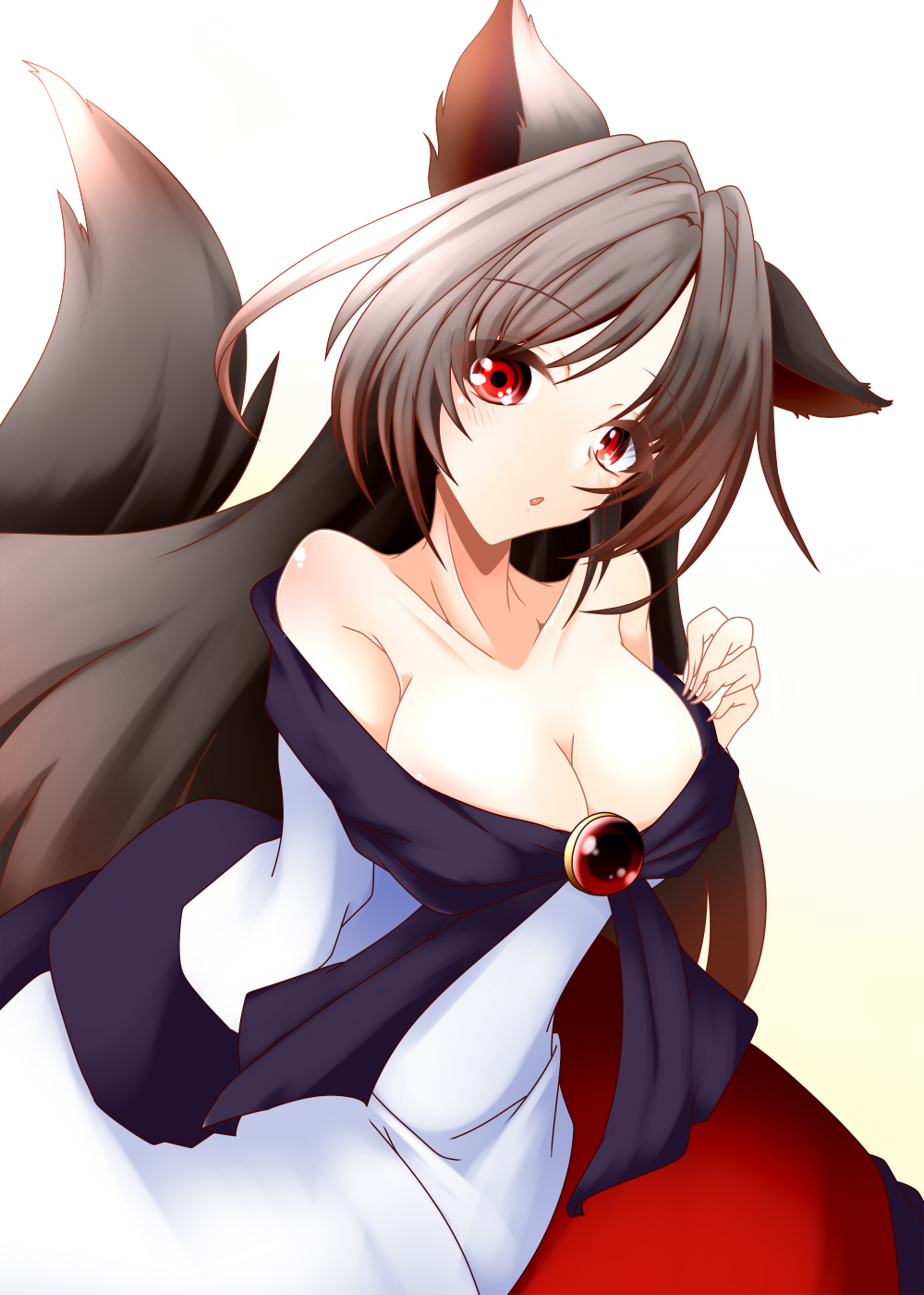 1girl animal_ears blush breasts brooch brown_hair collarbone cowboy_shot dress fingernails gradient gradient_background highres imaizumi_kagerou jewelry large_breasts long_fingernails long_hair long_sleeves looking_at_viewer muumuu_(sirufuruteienn) off-shoulder_dress off_shoulder one-hour_drawing_challenge open_mouth red_eyes solo tail touhou white_dress wolf_ears wolf_girl wolf_tail