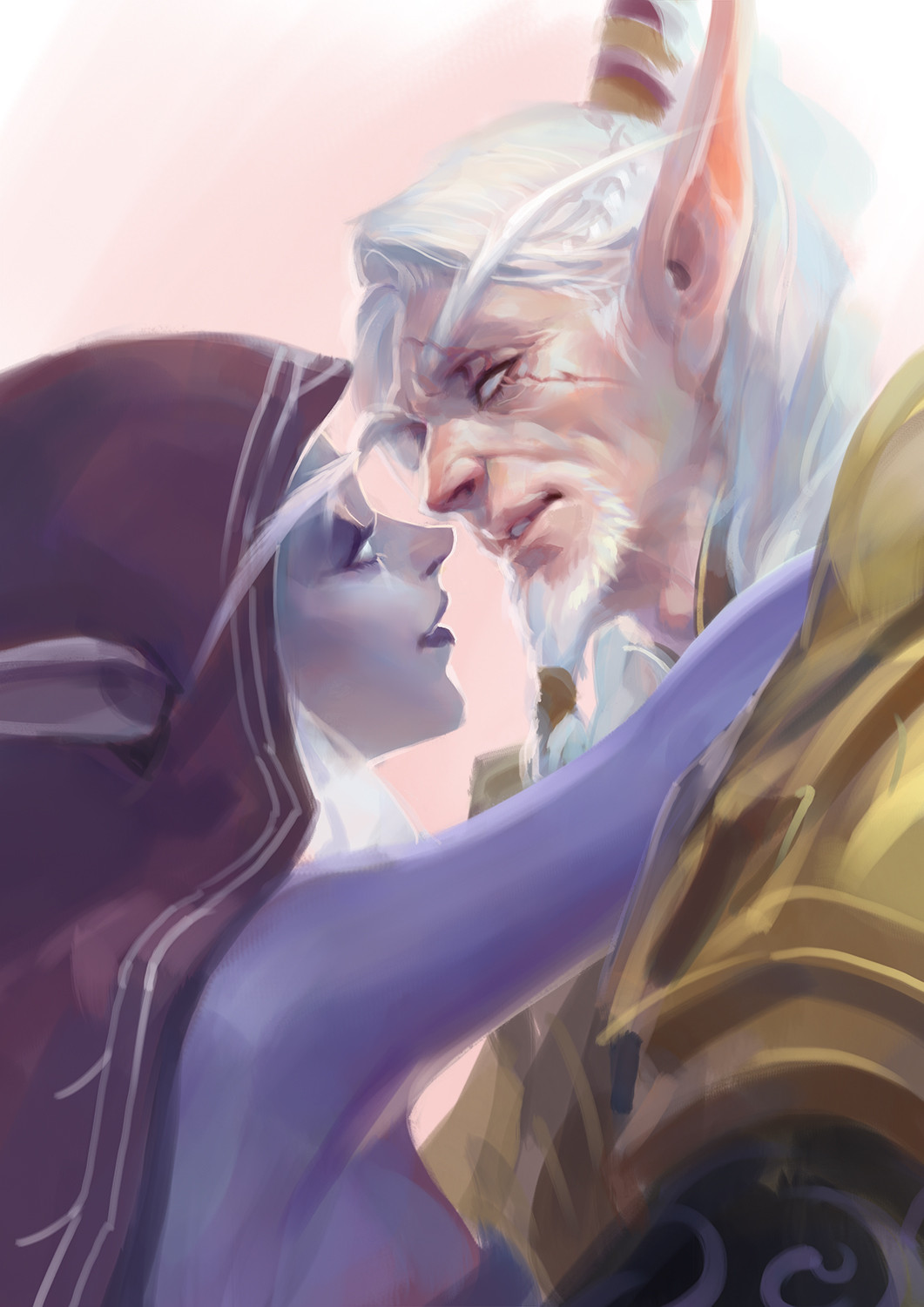 1boy 1girl beard blood_elf_(warcraft) colored_skin elf facial_hair first_arcanist_thalyssra highres hood long_pointy_ears lor'themar_theron nightborne pointy_ears purple_skin shawn_fox warcraft white_hair world_of_warcraft