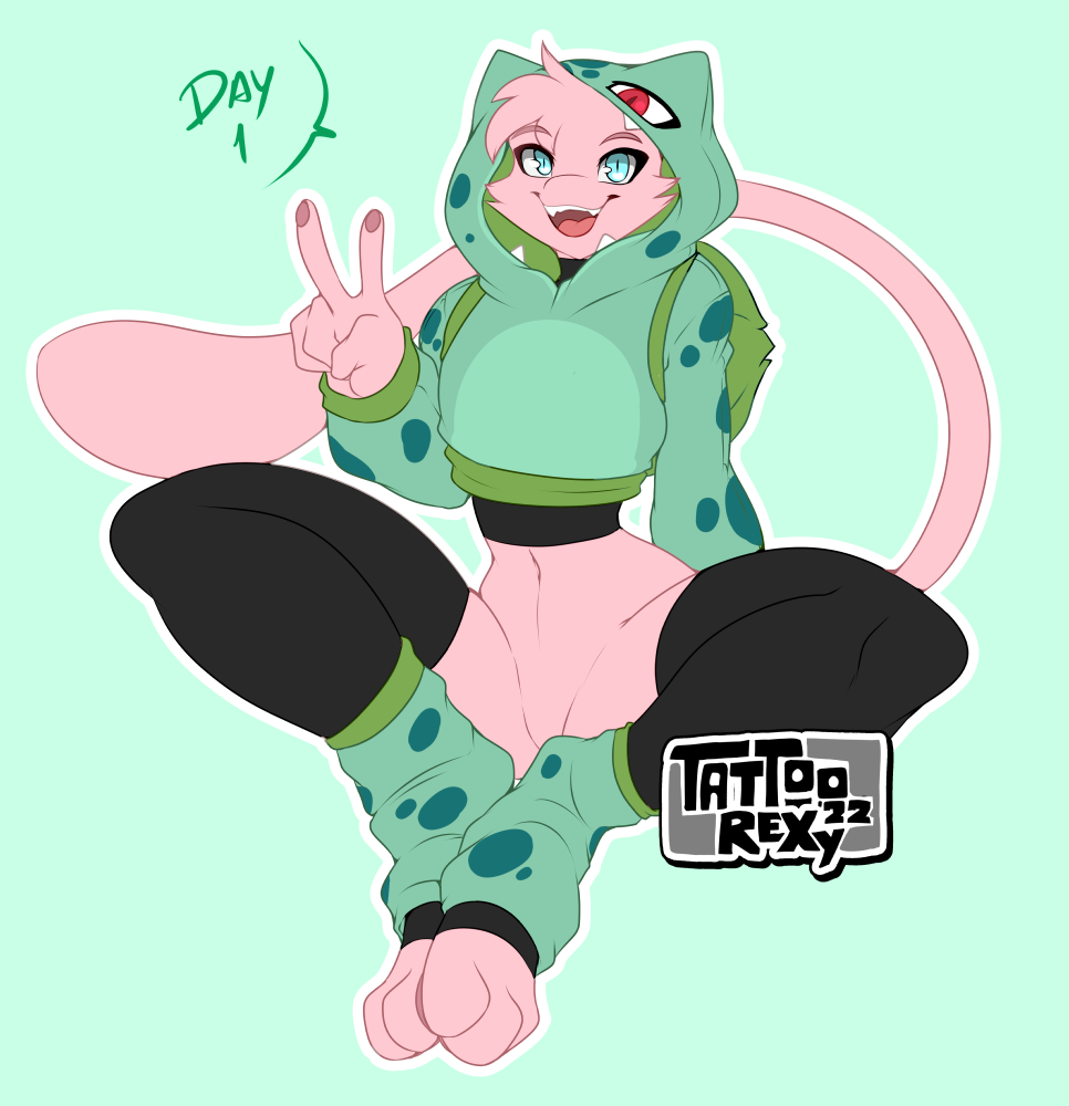 ambiguous_gender anthro backpack blue_eyes bottomless bulbasaur clothed clothing cosplay footwear fur generation_1_pokemon gesture hoodie legendary_pokemon legwear long_tail mew nintendo pink_body pink_fur pokemon pokemon_(species) simple_background socks solo tattoorexy tight_clothing topwear v_sign video_games