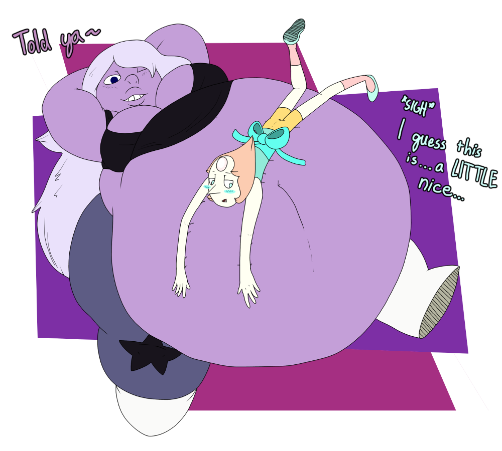 2015 5_fingers alien alien_humanoid amethyst_(steven_universe) belly big_belly big_breasts blush blush_lines bottomwear breasts cartoon_network cleavage clothed clothing dialogue duo female fingers footwear gem_(species) hair hands_behind_head humanoid looking_at_another looking_away morbidly_obese morbidly_obese_female morbidly_obese_humanoid navel obese obese_female obese_humanoid one_eye_closed overweight overweight_female overweight_humanoid pants pearl_(steven_universe) purple_body purple_skin resting_on_belly shirt shoes smappa smile socks steven_universe tank_top teeth text topwear
