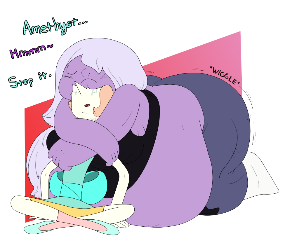2015 alien alien_humanoid amethyst_(steven_universe) belly bent_over big_belly bodily_fluids bottomwear cartoon_network clothing crossed_arms crossed_legs dialogue drooling duo female footwear gem_(species) hair hair_over_eye head_first humanoid kneeling obese obese_female obese_humanoid one_eye_closed one_eye_obstructed open_mouth oral_vore overweight overweight_female overweight_humanoid pants pearl_(steven_universe) purple_body purple_skin saliva shirt shoes smappa socks soft_vore steven_universe tank_top text topwear vore