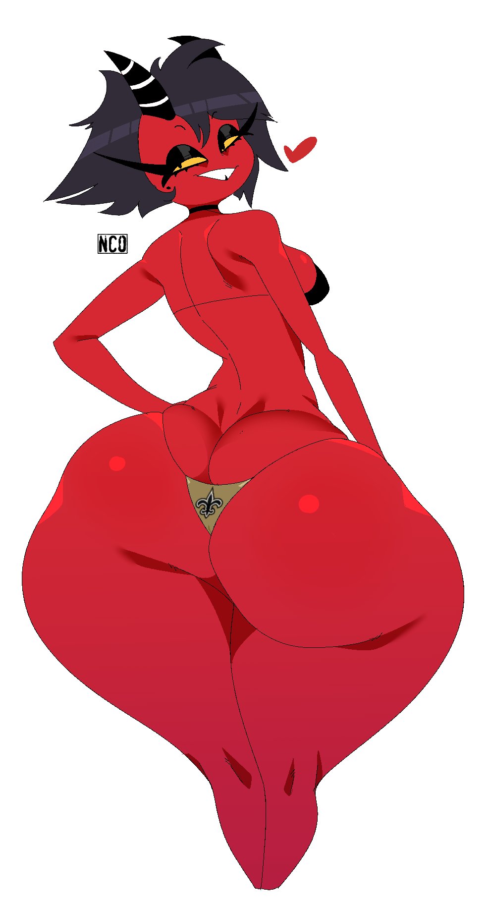 &lt;3 big_butt bikini black_hair breasts butt clothing demon dot_eyes female hair helluva_boss hi_res horn huge_butt huge_hips huge_thighs humanoid imp looking_back millie_(helluva_boss) narrowed_eyes red_body smile solo swimwear thick_thighs wide_hips yeehawt0wn yellow_sclera