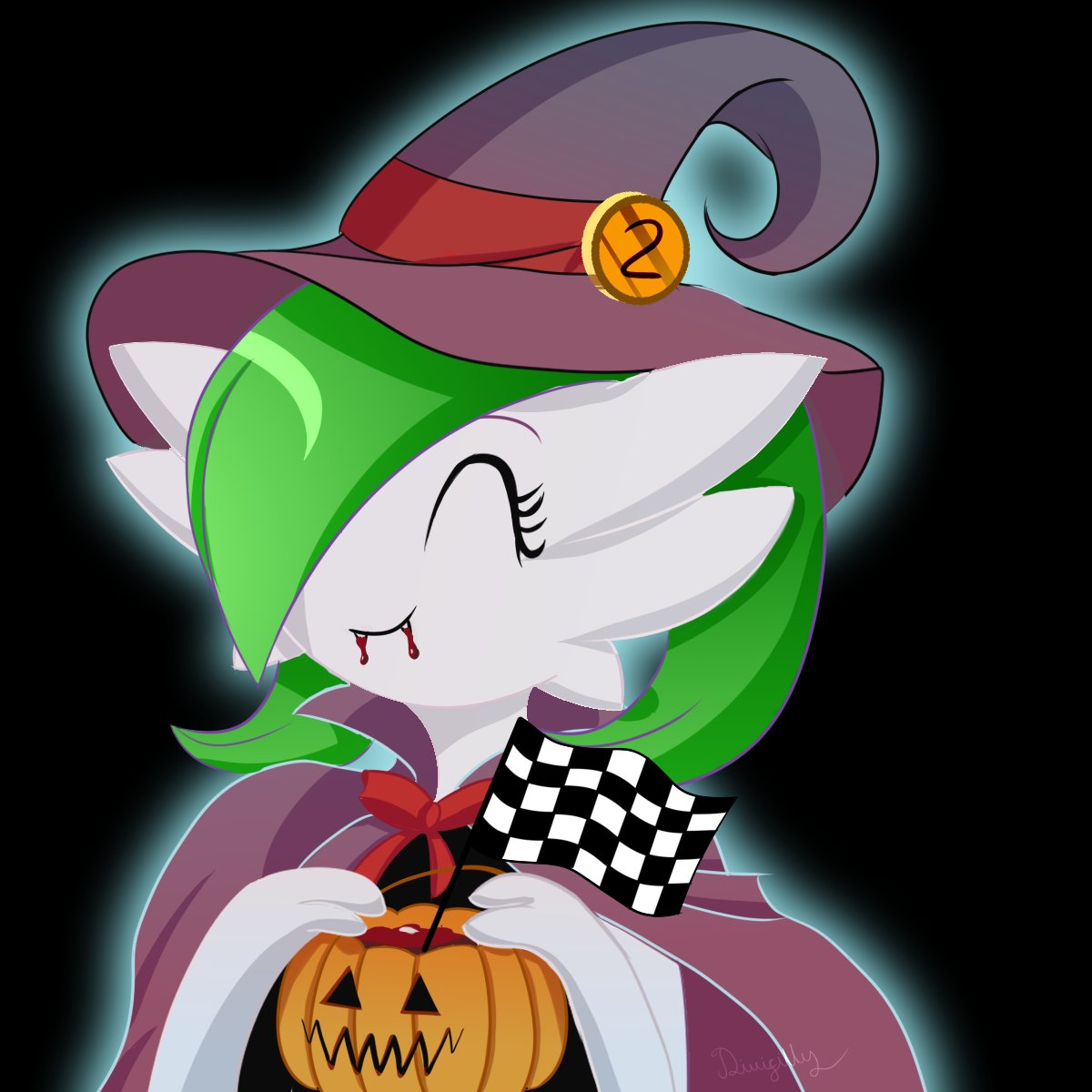 3_fingers ^_^ black_background blood bodily_fluids bronze_medal candy_bucket cape checkered_flag clothed clothing divifilly eyes_closed fangs feet female fingers gardevoir generation_3_pokemon green_hair hair hair_over_eye halloween hat headgear headwear hi_res holding_pumpkin holidays humanoid icon jack-o'-lantern nintendo not_furry one_eye_obstructed pokemon pokemon_(species) simple_background smile soles solo video_games witch_costume witch_hat