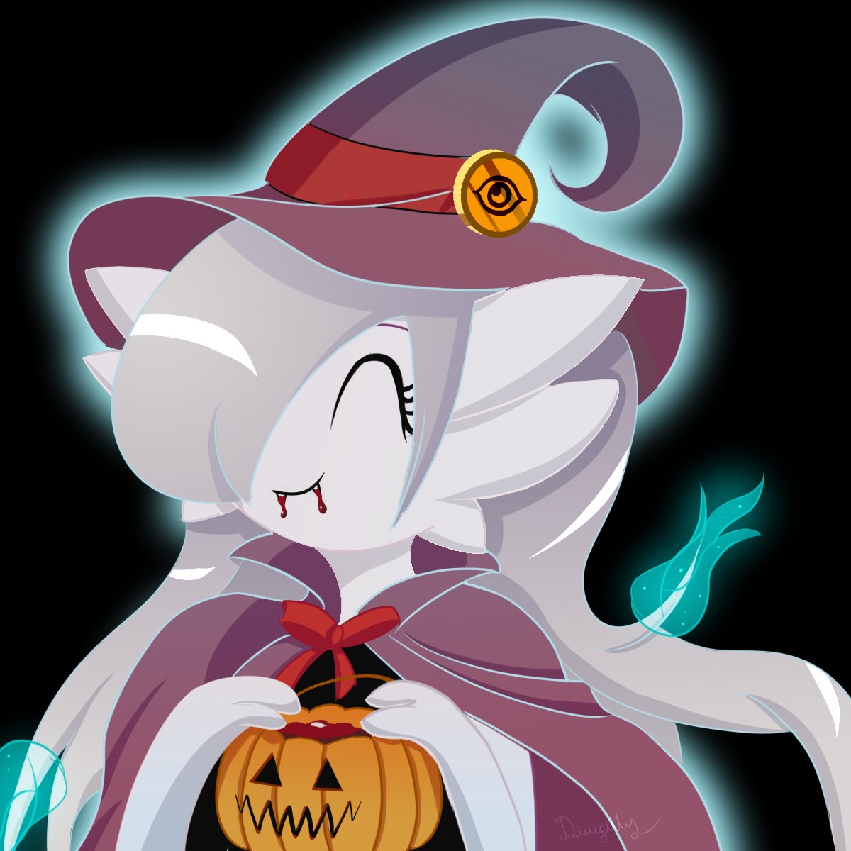 3_fingers ^_^ black_background blood bodily_fluids candy_bucket cape clothed clothing divifilly eyes_closed fangs feet female fingers gardevoir generation_3_pokemon hair hair_over_eye halloween hat headgear headwear hi_res holding_pumpkin holidays humanoid icon jack-o'-lantern kitsunebi long_hair nintendo not_furry one_eye_obstructed pokemon pokemon_(species) silver_hair simple_background smile soles solo video_games will-o-wisp witch_costume witch_hat