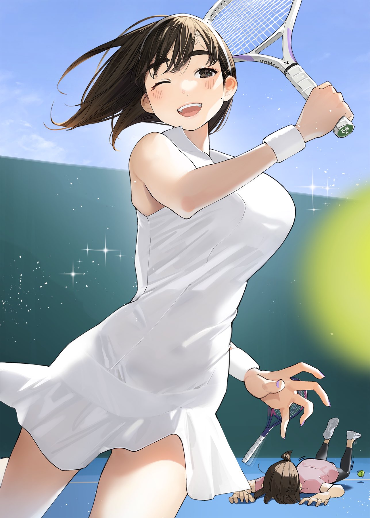 2girls ball blue_sky blush breasts brown_eyes brown_hair cloud commentary_request day douki-chan_(douki-chan) fingernails ganbare_douki-chan highres holding holding_racket kouhai-chan_(douki-chan) large_breasts lying mole mole_on_cheek multiple_girls on_stomach one_eye_closed open_mouth racket short_hair sky sleeveless smile sparkle sportswear teeth tennis tennis_ball tennis_racket tennis_uniform thighs upper_teeth yomu_(sgt_epper)